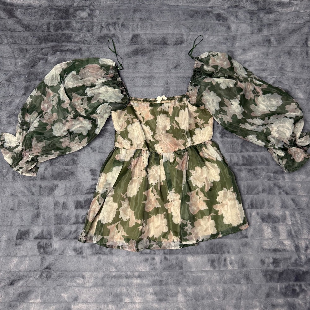 Entro Floral Puff Sleeve Blouse Womens Small Olive Green Sheer Peplum T19197
